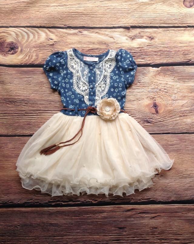 Navy Ivory Toddler Girls Tutu Dress, Vintage Dress, Girls Denim Dress