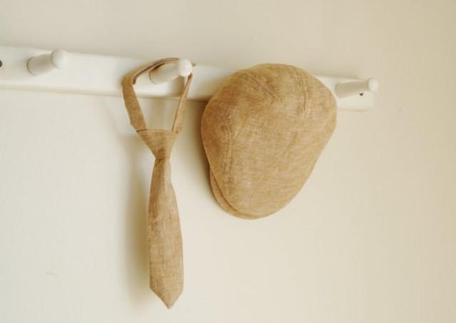 Country Wedding Ring Bearer Hat Tan Linen Flat Cap And Tie Set