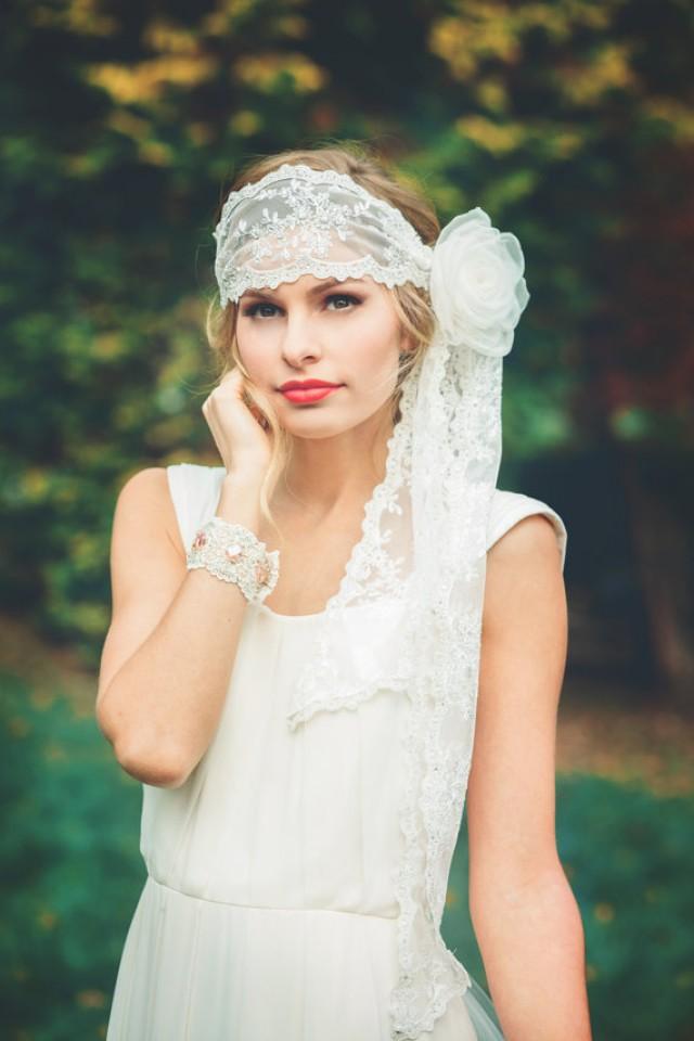 Off White Boho Bridal Lace Headwrap Or Headband With Silk Flower