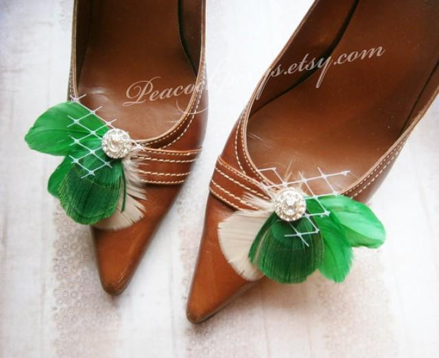 Emerald Feather Shoe Clips, Green, St. Patrick's Day, Peacock, Bridal