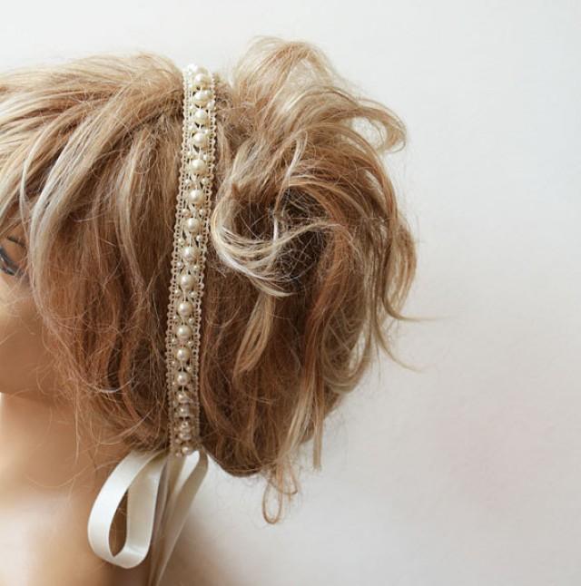 Bridal Pearl Headband, Lace İvory Pearl Head Piece, Wedding Bridal Hair