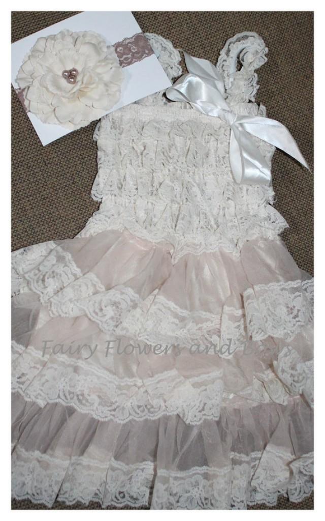 Champagne Rustic Lace Chiffon Dress With Matching Headband...Flower