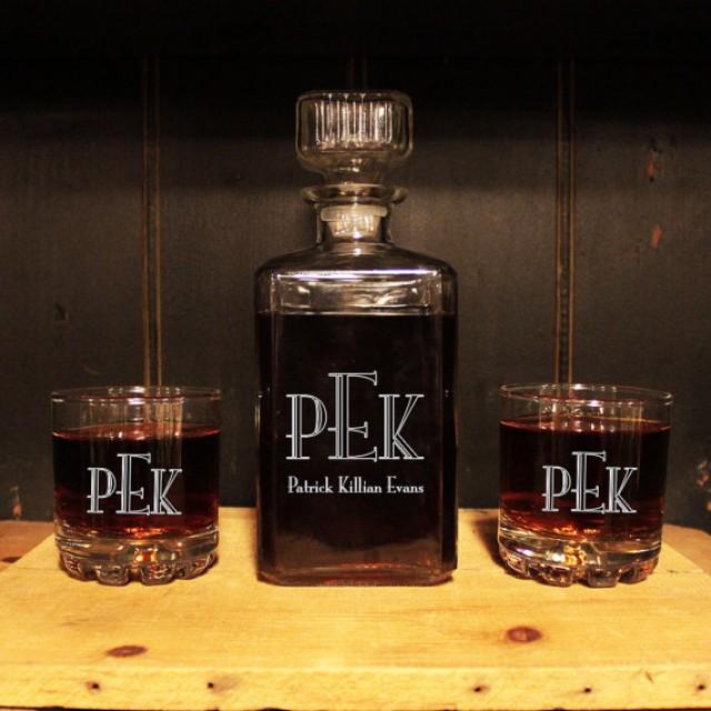 Monogrammed Gifts For Him
 MONOGRAMMED Glass Whiskey Decanter 3pc Set Barware Personalized