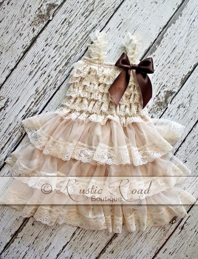 Rustic Flower Girl Dress, Champagne Cream Ivory Lace Dress, Baby