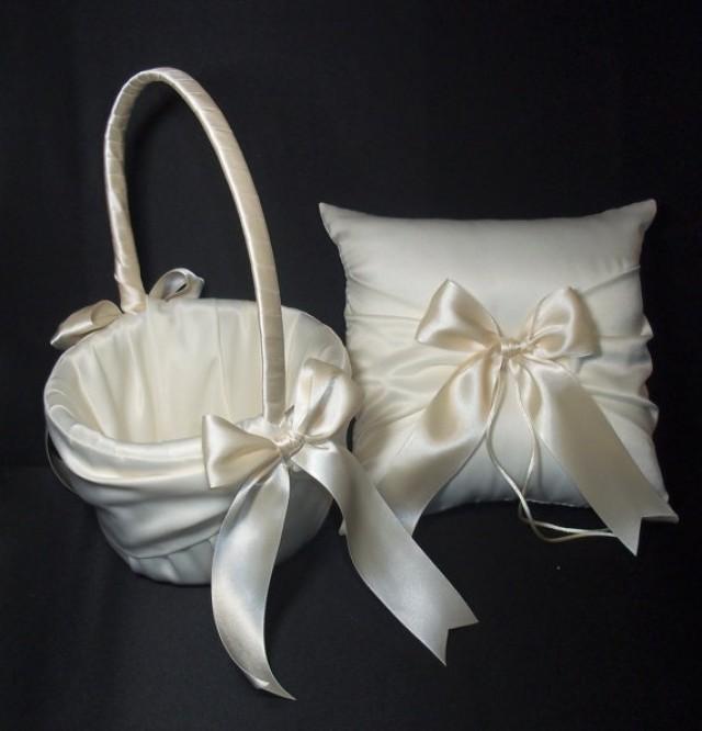 Ivory Or White Wedding Ring Bearer Pillow & Flower Girl Basket 2pc Set