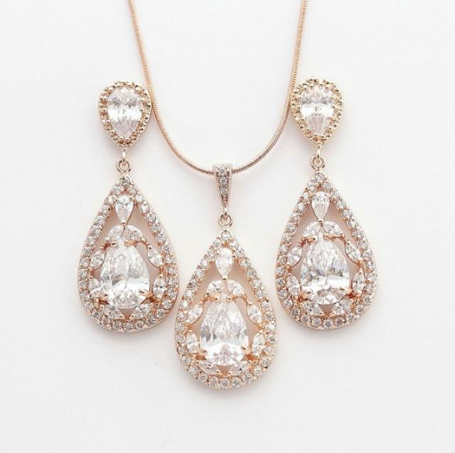 ROSE GOLD Jewelry Set Pink Gold Wedding Earrings And Necklace Set Cubic