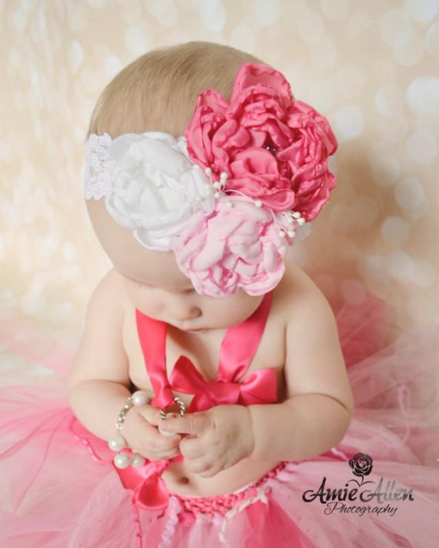 Custom Pink Flower Girl Headband Flowergirl Headband Ivory Wedding