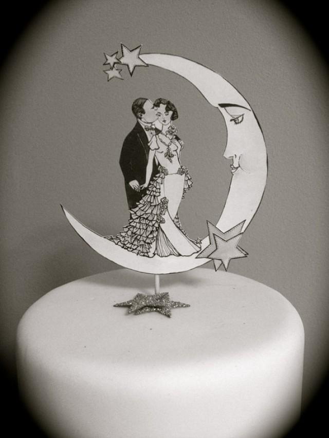 Black And White Wedding Cake Topper Crescent Moon And Stars Silver