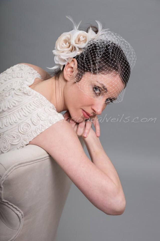 Birdcage Veil With Flower, Wedge Birdcage Veil, Ivory And Champagne