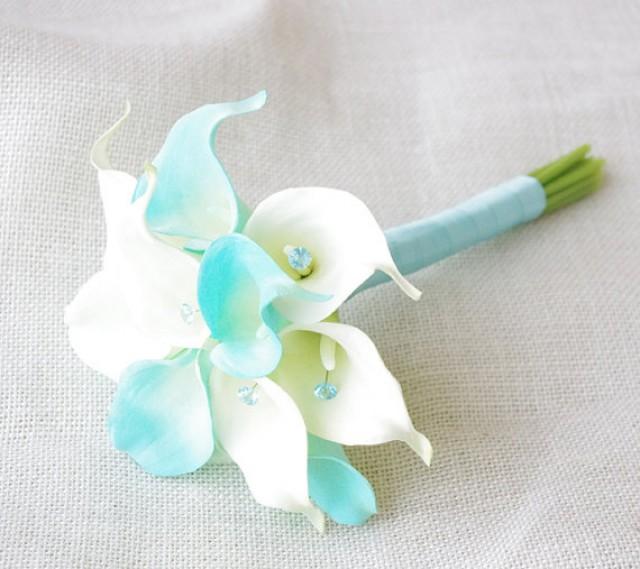 Silk Flower Wedding Bouquet Medium Tiffany Blue Or Aruba Calla Lilies