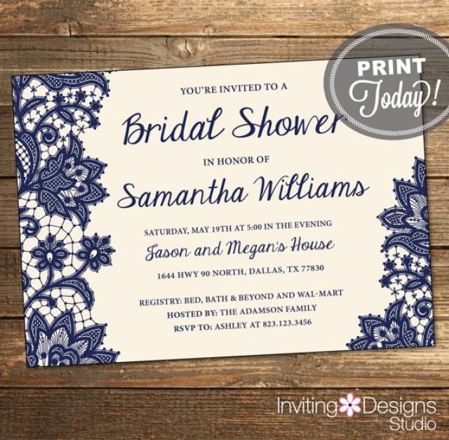 Wedding Shower Invitation, Bridal Shower Invitation, Lace, Navy, Blue