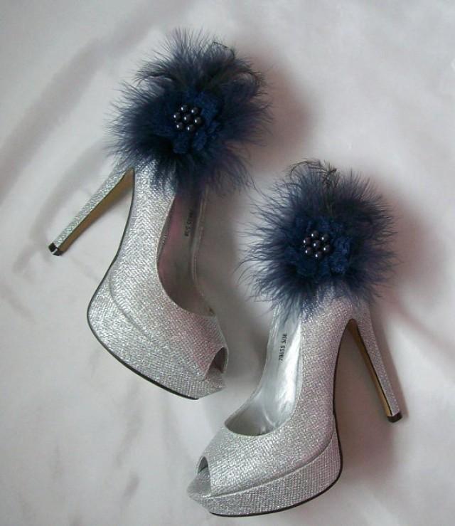 Navy Blue Lace Satin Organza Feather And Pearl Glamorous Shoe Clips