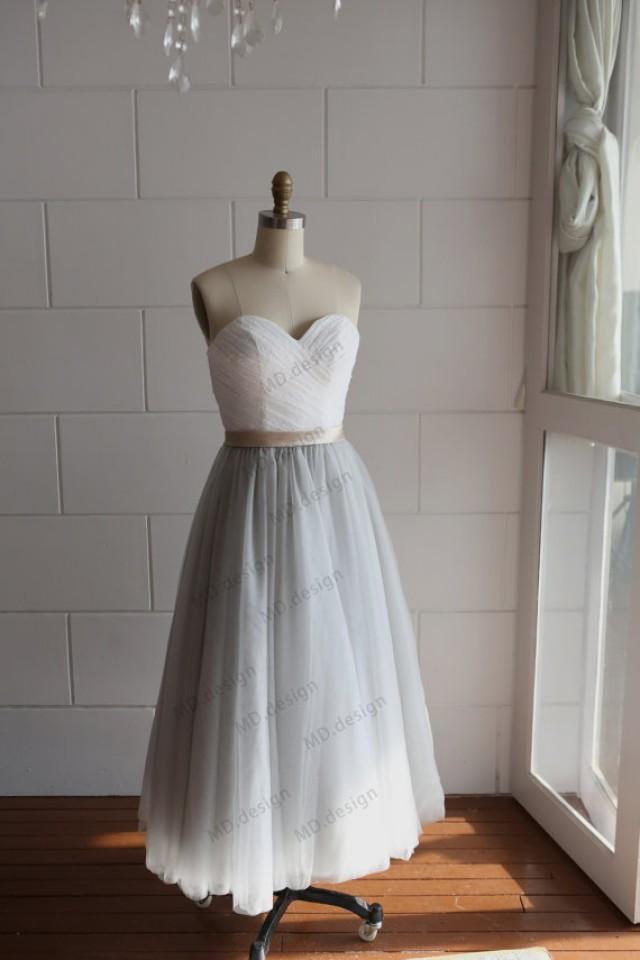 Strapless Ivory Lace Silver Grey Tulle Tea Length Short Wedding Dress