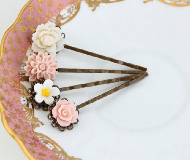 Pink And White Hair Accessory, Bobby Pins, Floral, Hair Pins, Vintage Wedding, Wedding Hair