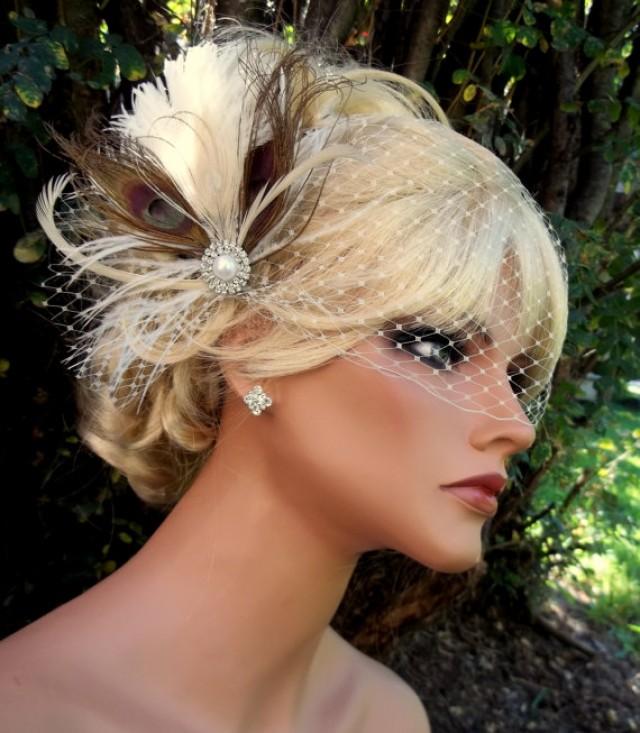 Ivory Dark Champagne Bridal Hair Fascinator And French Net Bandeau
