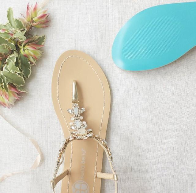 Something Blue Sole Wedding Shoes Sandals With Gold Jewel Crystal