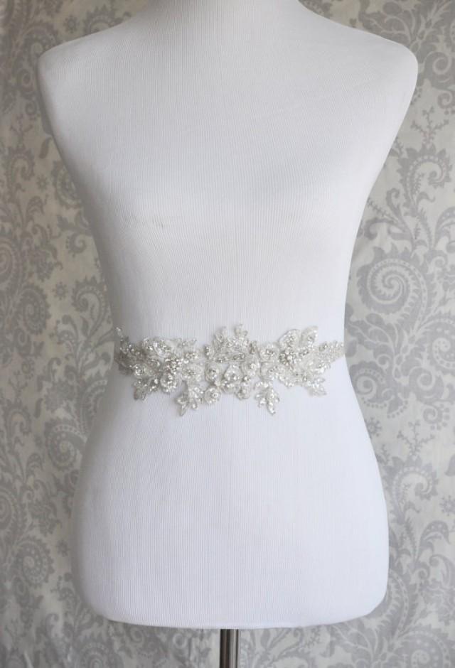 Crystal Sash, Rhinestone Bridal Sash On Floral Lace, Silver Crystal