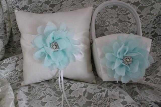 Ivory White Ring Bearer Pillow Flower Girl Basket Aqua Tiffany