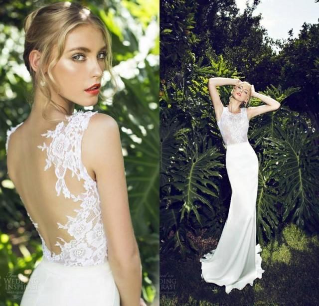2015 Lace Spring Wedding Dresses Sleeveless Jewel Neck Sheer Beach Garden Sweep Train Mermaid