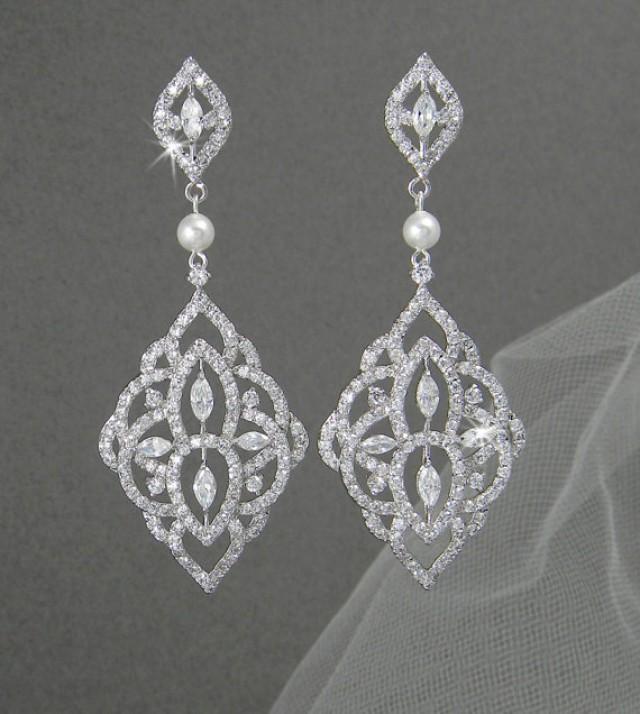 Crystal Bridal Earrings, Chandelier Pearl Wedding Jewelry Swarovski