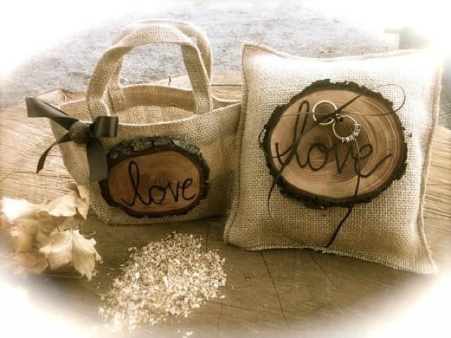 Rustic Wedding Ring Bearer Pillow Flower Girl Basket Burlap Winter