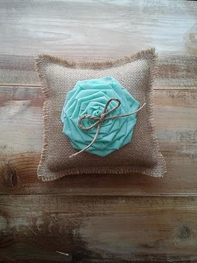 8" X 8" Burlap Ring Bearer Pillow W/ Large Mint Rosette & Jute Twine
