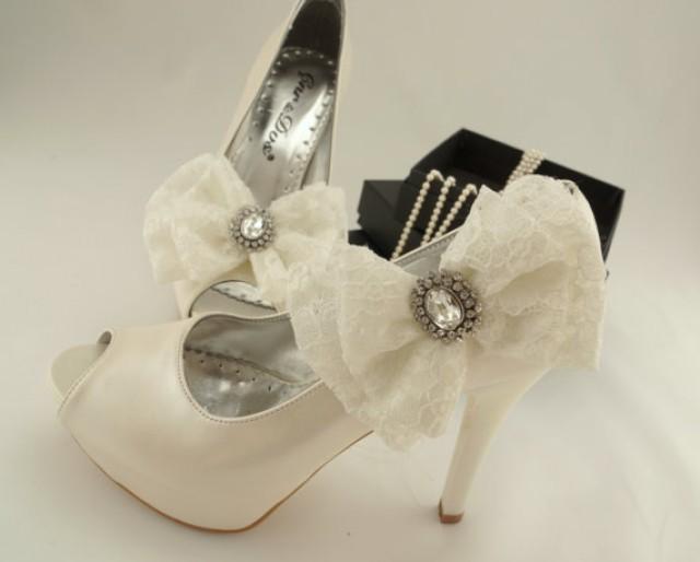 Vintage Inspired Art Deco Rhinestone Cream/ivory Lace Bow Shoe Clips