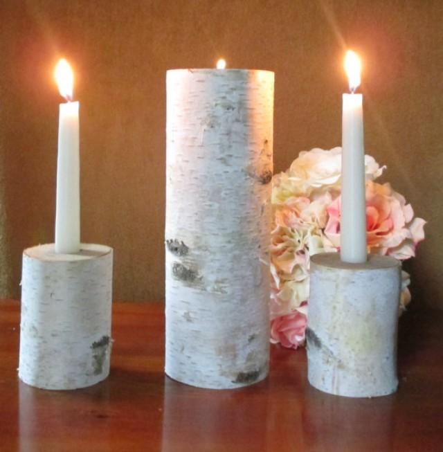 Birch Bark Unity Candle And Two 4 Inch Tall Candle Holders Rustic