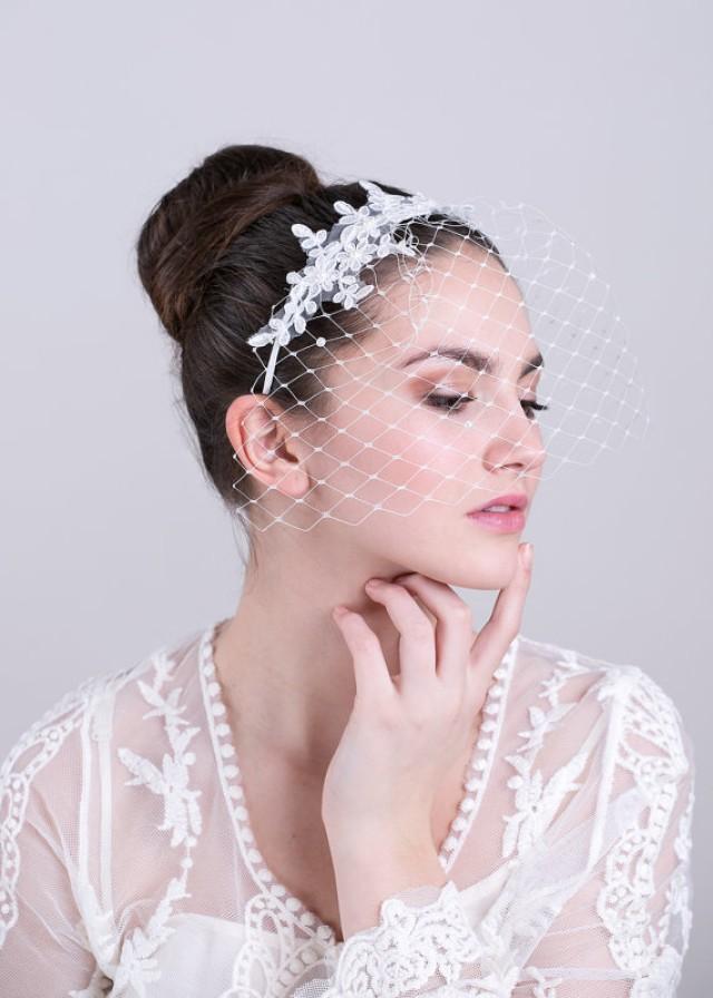 Bridal Ivory Birdcage Veil With Lace, Wedding Veil, Birdcage Headband