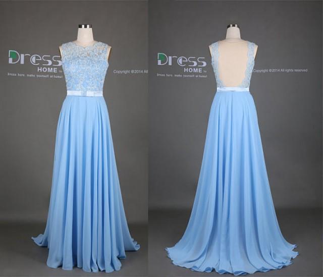 2015 Lace Long Prom Dress/Sweet 16 Light Blue Lace Appliques Bow Belt A