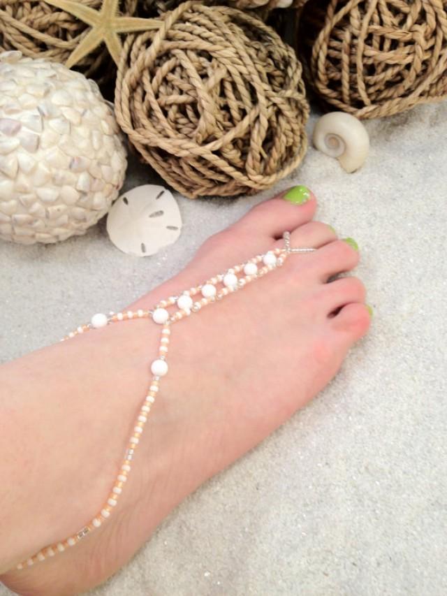 Barefoot Sandal Peach And White Beaded Foot Jewelry, Beach Wedding Shoes, Anklet Toe Ring