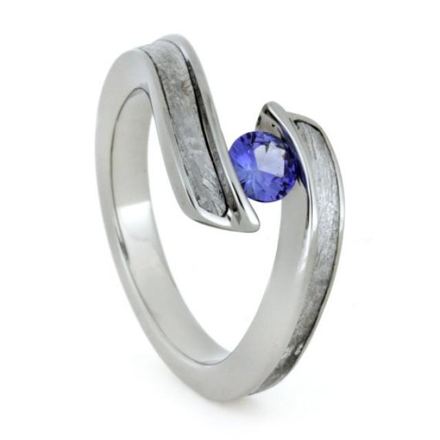 Tension Set Blue Sapphire Engagement Ring, Titanium Meteorite Wedding