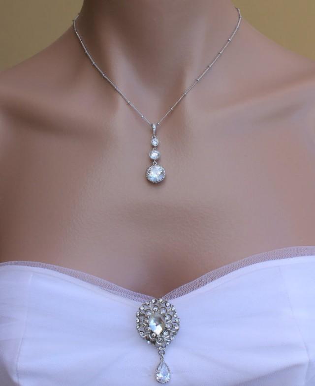 Crystal CZ Drop Bridal Necklace, Vintage Style Crystal And Sterling