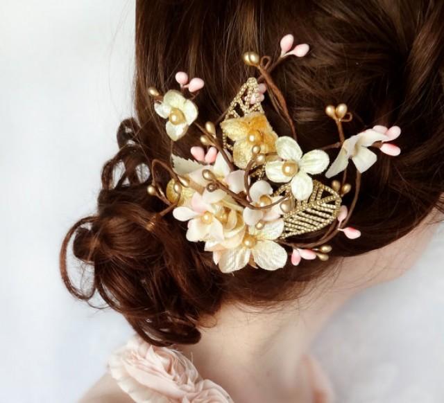 Bridal Hair Accessories, Gold Flower Hairpiece, Pink Floral Hair