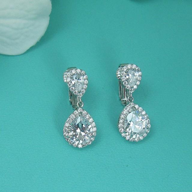Clip On CZ Earrings, Pear Cubic Zirconia Earrings, Clip On Wedding