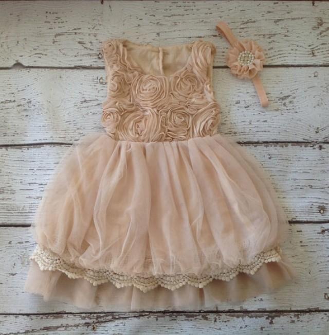 Flower Girl Dress Beige, Rosette Dress, Beige Tan Dress, Vintage Dress