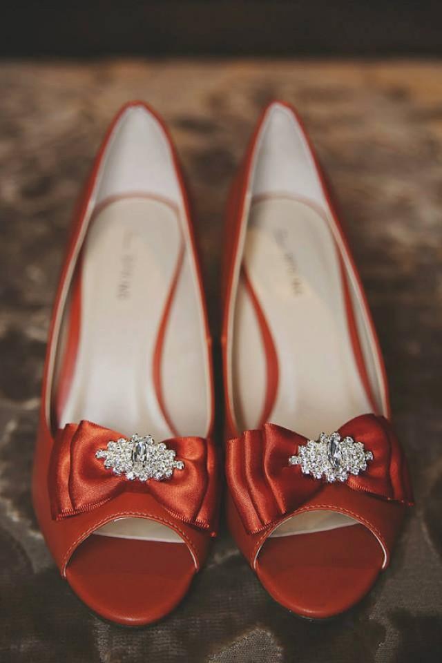 Burnt Orange/ Rust Orange Bow Shoe Clips W/ Sparkly Rhinestone