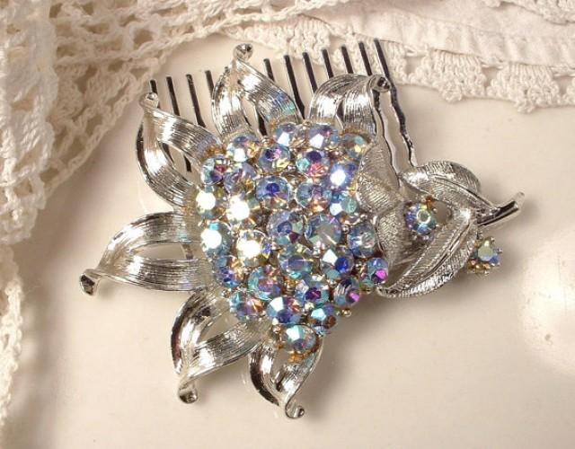 Vintage Something Blue Bridal Hair Comb, Powder Light Blue Rhinestone