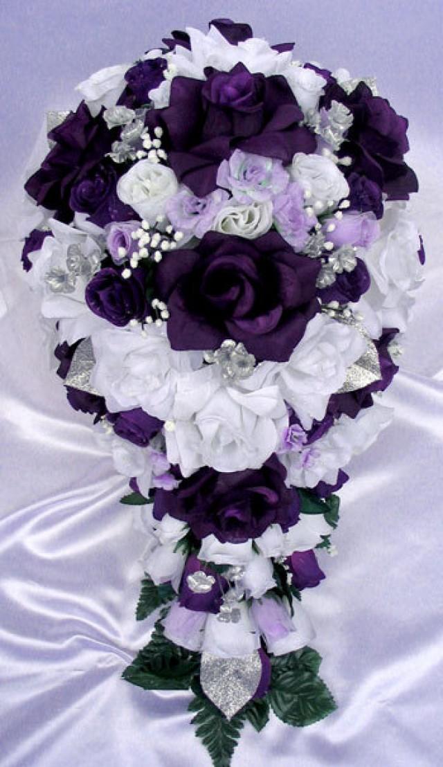 Free Shipping 21 Pcs Wedding Silk Flower Bouquet Bridal Package Purple