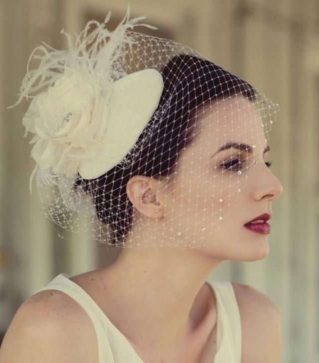 Wedding Veil, Birdcage Veil, Feather Fascinator, Hair Accessory, Bridal