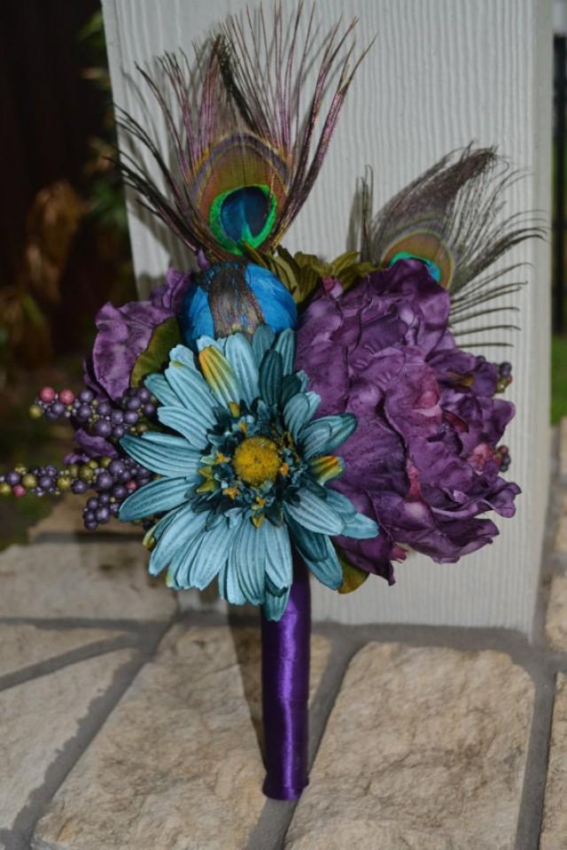 Peacock Bridesmaid Bouquet, Silk Wedding Flowers, Peacock Wedding, Rustic Wedding, Vintage