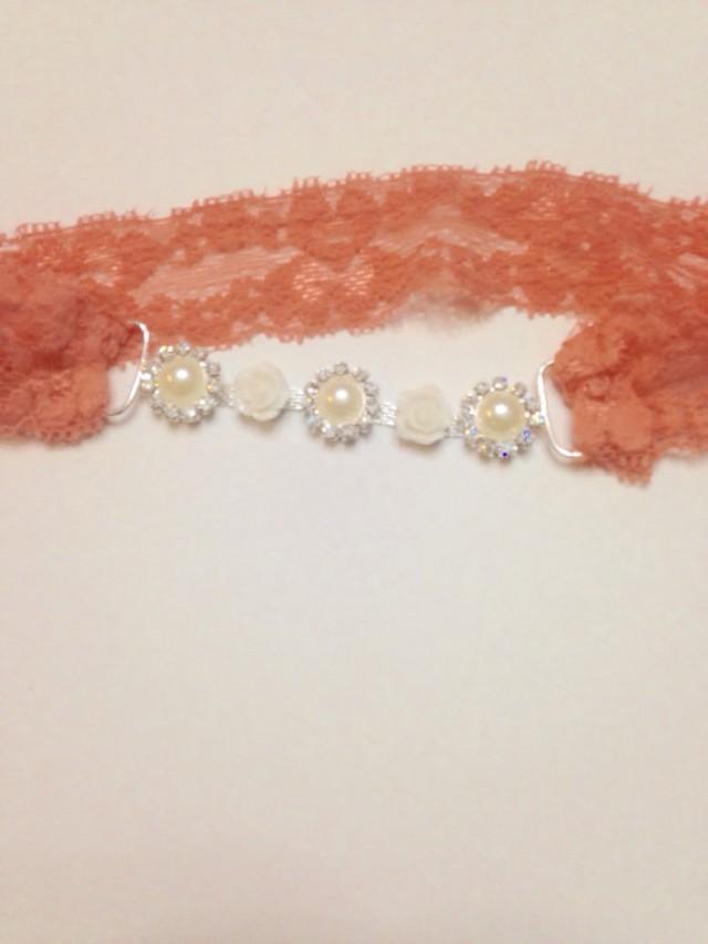Peach Pearl Connector Headband Lace Elastic Rhinestone Headband Buckle