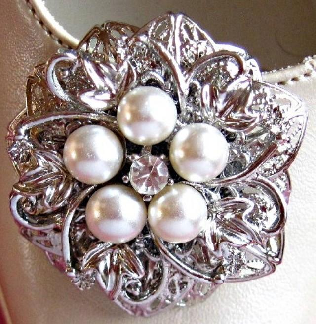 Large Rhinestone Crystal And Ivory Pearl Shoe Clips, Wedding