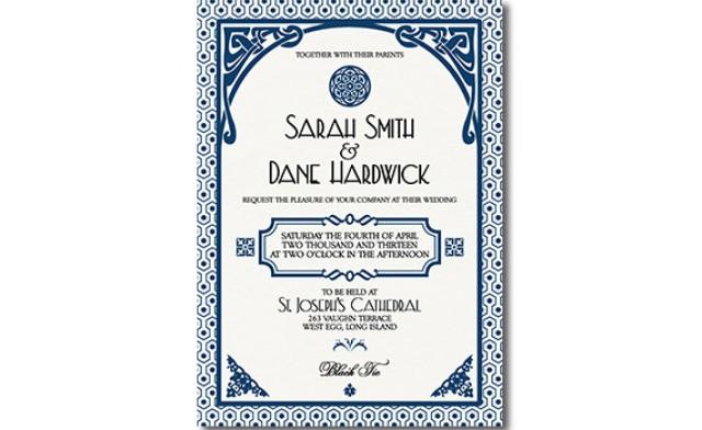 Gatsby Wedding Invitation Art Deco Blue Classic Denim Dark Blue