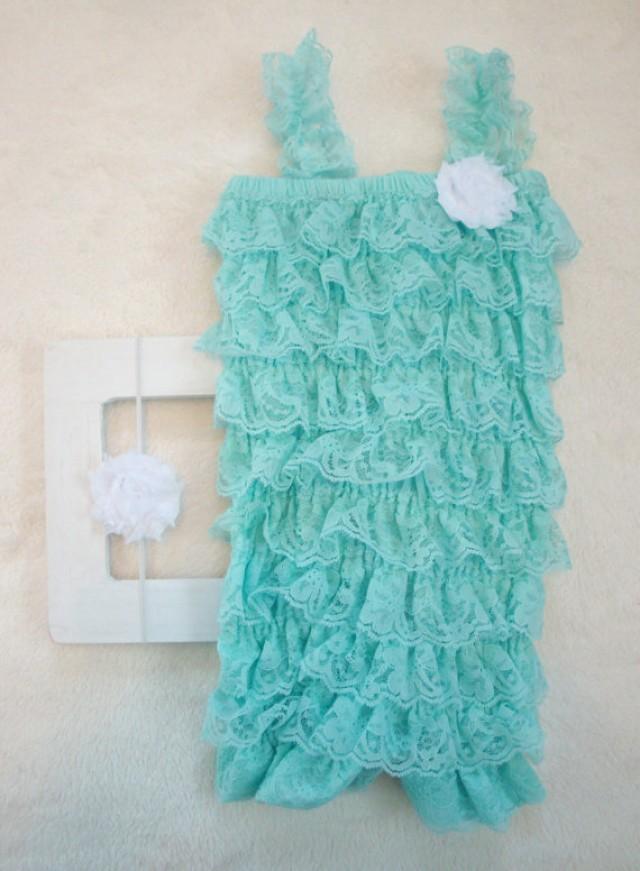 Aqua Blue Lace Petti Romper & Flower HeadbandBaby Girl ClothesPreemie