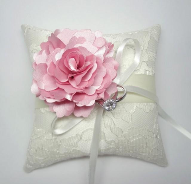 Wedding Ring Pillow Indian Pink Bloom On Cream Lace Ring Pillow