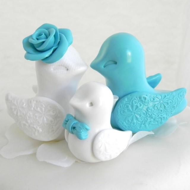 Family Lovebirds Wedding Cake Topper, White And Aqua, Bride And Groom