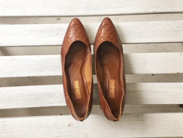 Vintage Brown Leather Heels, Woven Leather Cut Out Kitten Heels, Womens Shoes Size 9.5, 10 