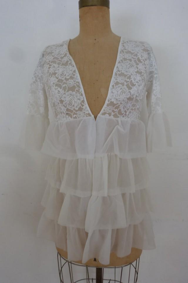 Vintage Bed Jacket Sheer White Lace Ruffles Lingerie Negligee Robe