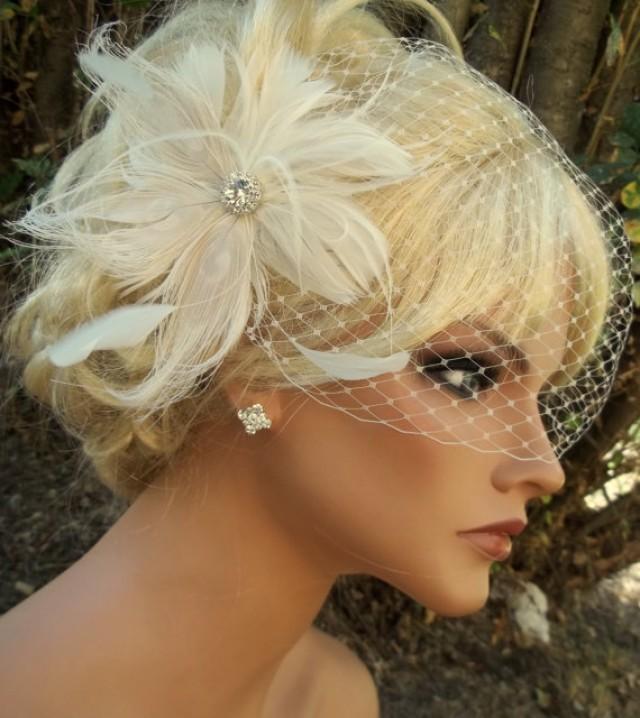 Wedding Bridal Veil Bandeau Style, Ivory French Net With Ivory Feather
